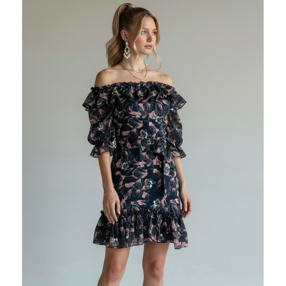 Ted Baker London Floral Off The Shoulder Ruffle Mini Dress Size 3 Navy Pink